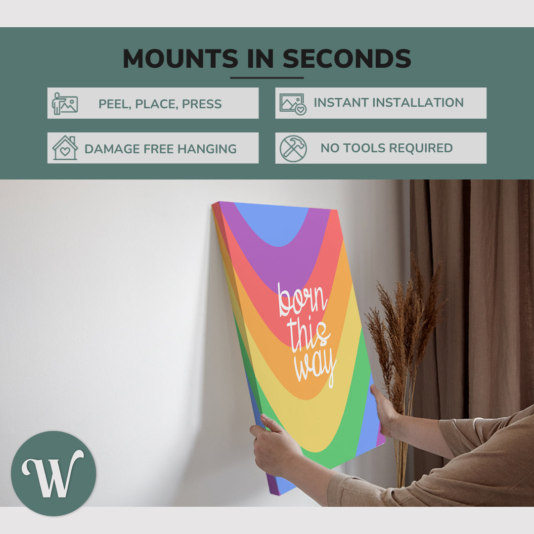 graphic showing hanging a single 2:3 vertical 20x30 inch easy to hang canvas showing how easy it is to hang. Mounts in seconds, "peel, place, press", "instant installation", "damage free hanging" and "no tools required."