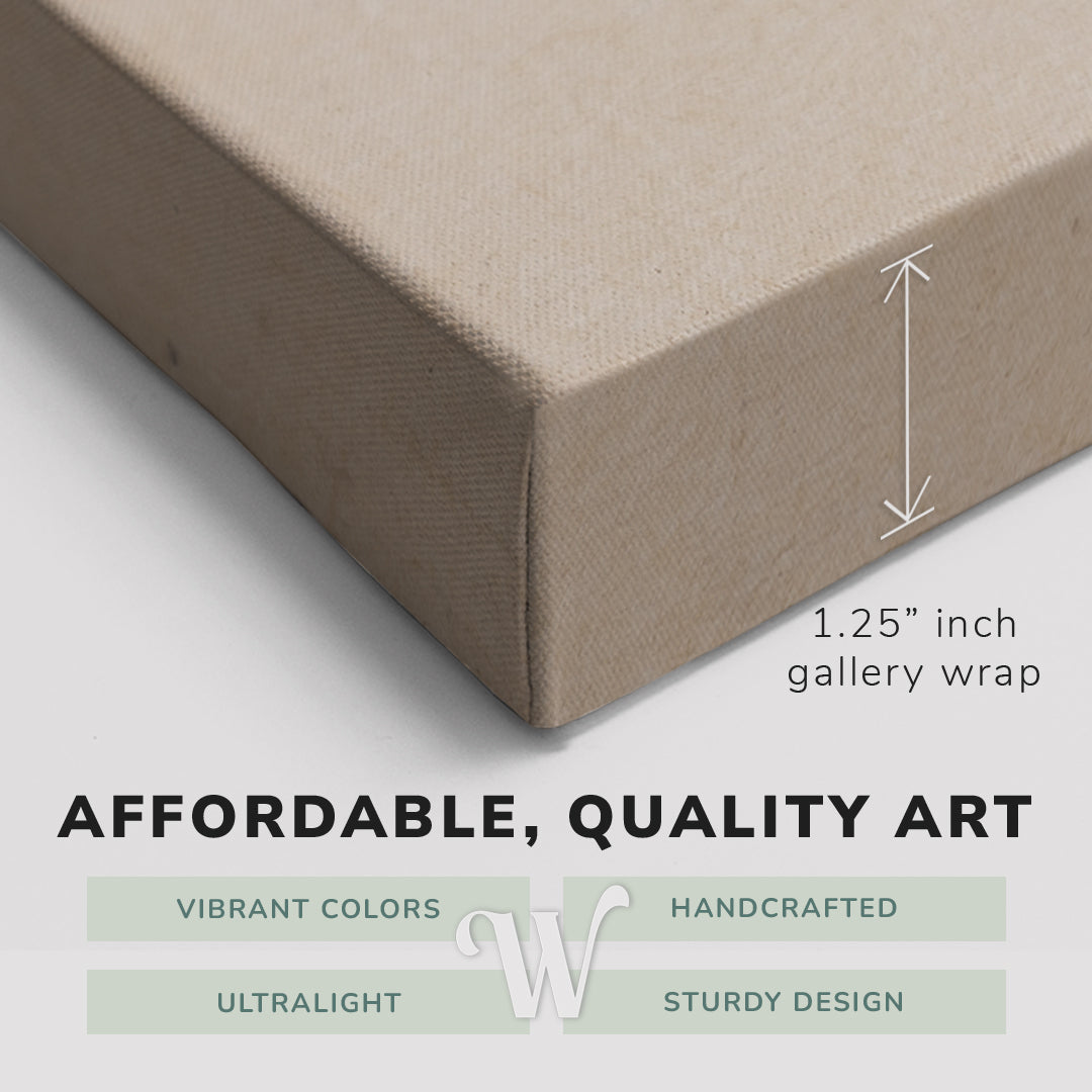 Corner shot of a Whelhung easy to hang canvas print showing the 1.25” inch gallery wrap thickness and graphic saying "Affordable, Quality Art", "Vibrant Colors", "Handcrafted", "Ultralight" and "Sturdy Design."