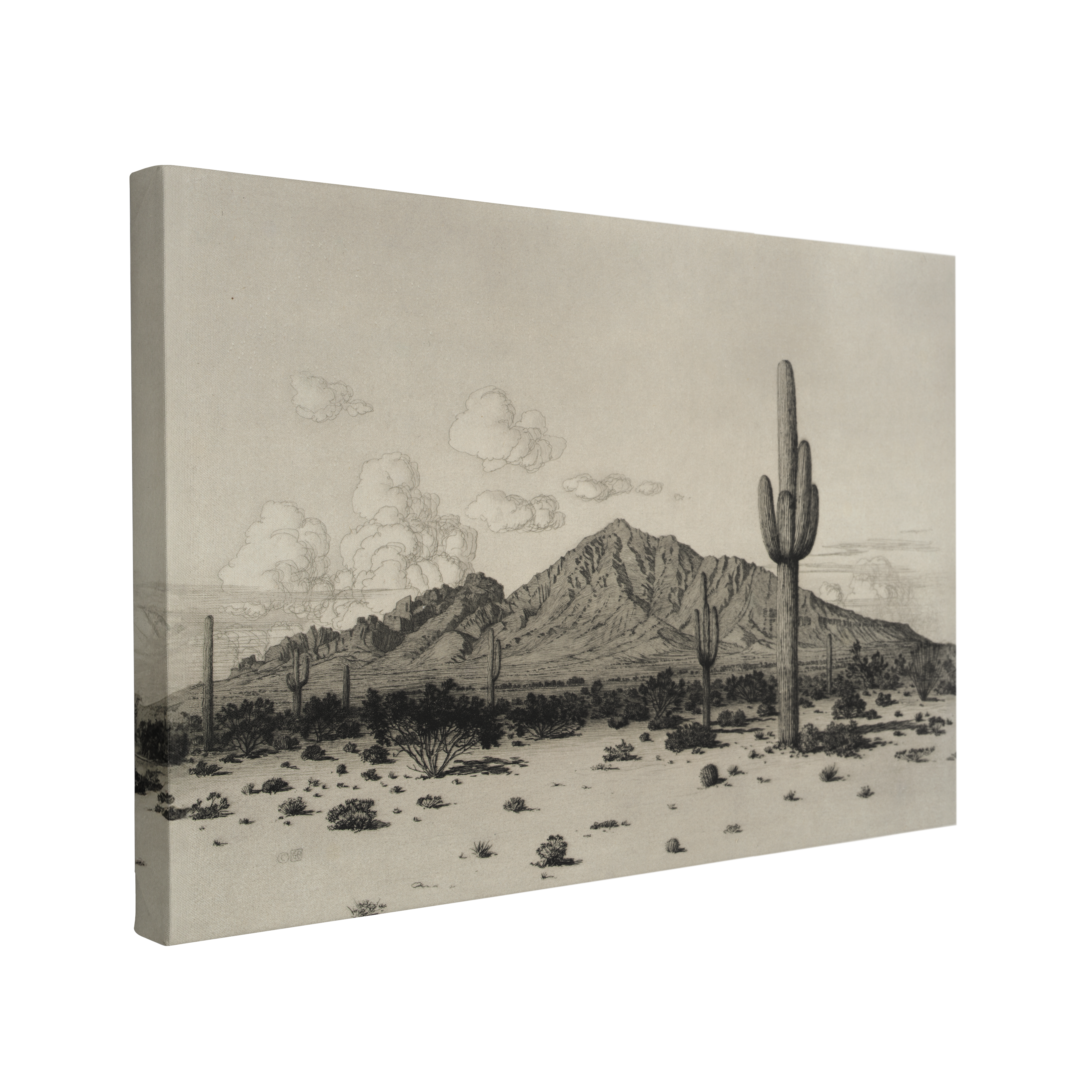 Single, 2:3 horizontal easy to hang canvas print on a transparent background featuring an image of Camelback mountain sketched in black and white on a beige rustic background with cactus and clouds.