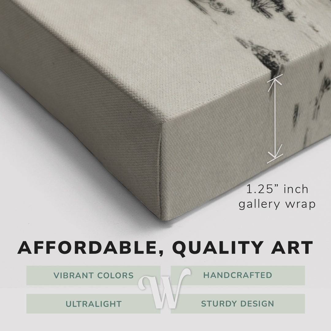 Corner shot of a Whelhung easy to hang canvas print showing the 1.25” inch gallery wrap thickness and graphic saying "Affordable, Quality Art", "Vibrant Colors", "Handcrafted", "Ultralight" and "Sturdy Design."