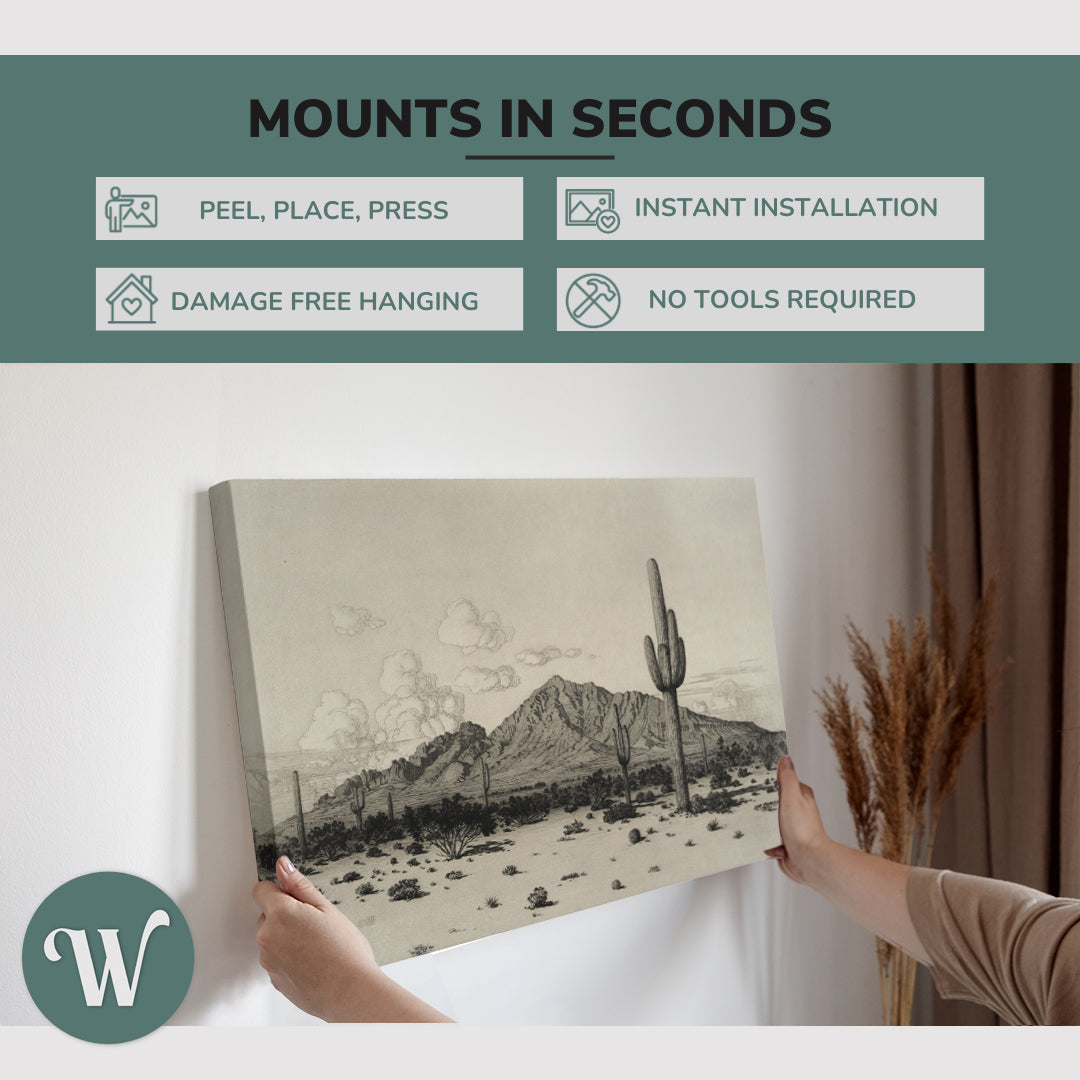 graphic showing hanging a single 2:3 horizontal 20x30” inch easy to hang canvas showing how easy it is to hang. Mounts in seconds, "peel, place, press", "instant installation", "damage free hanging" and "no tools required."