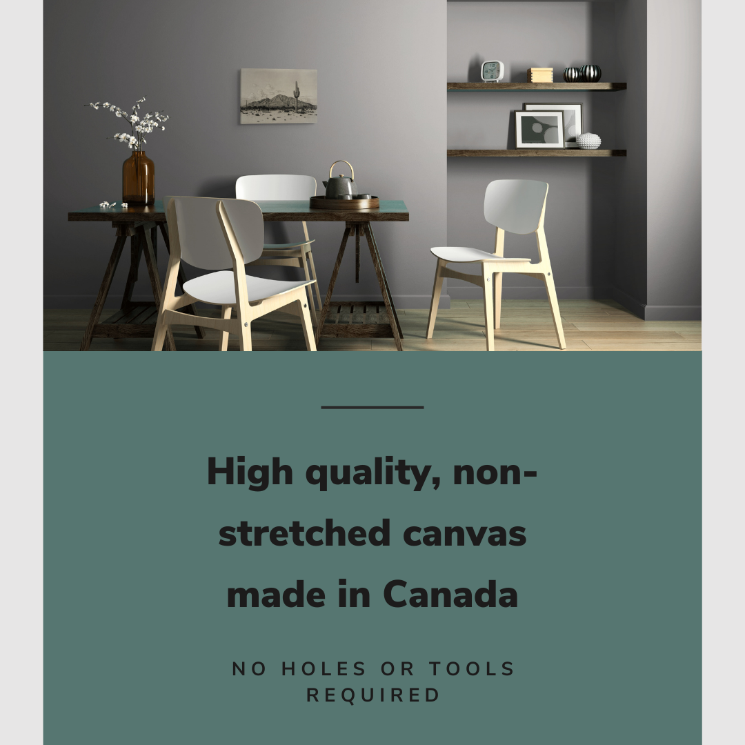 Lifestyle image of the horizontal 12x18” inch easy to hang canvas wall art hung in a dining room above a dining table with graphic saying "High quality, non-stretched canvas made in Canada."
