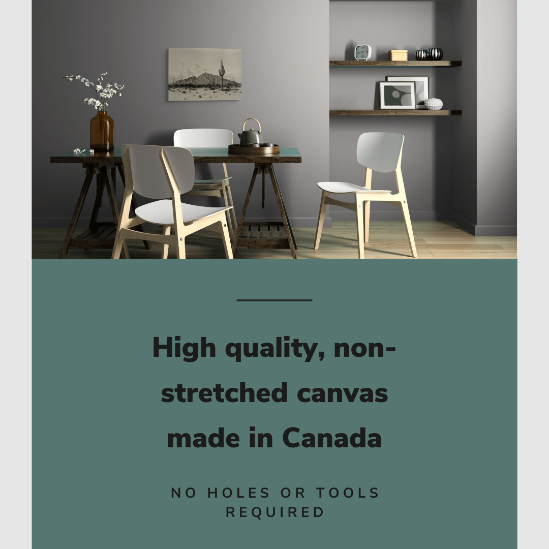 Lifestyle image of the horizontal 16x24” inch easy to hang canvas wall art hung in a dining room above a dining table with graphic saying "High quality, non-stretched canvas made in Canada."