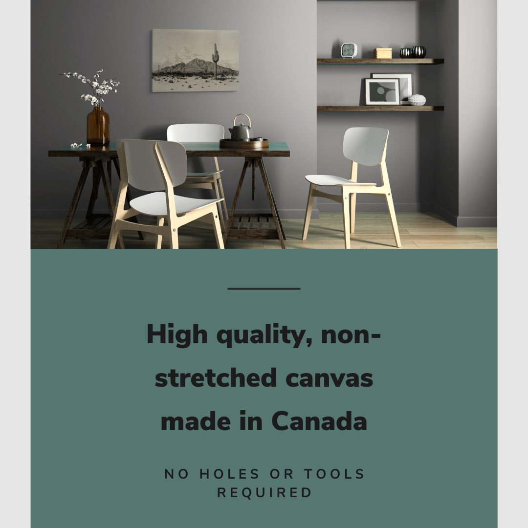 Lifestyle image of the horizontal, 20x30” inch easy to hang canvas wall art hung in a rustic dining room above a dining table with graphic saying "High quality, non-stretched canvas made in Canada"