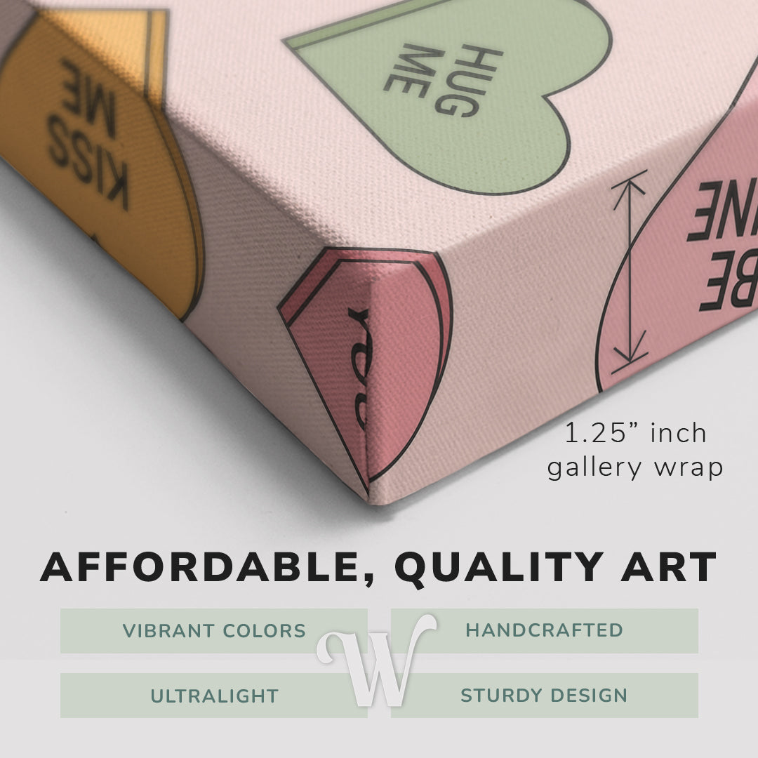 Corner shot of a Whelhung easy to hang canvas print showing the 1.25" inch gallery wrap thickness and graphic saying "Affordable, Quality Art", "Vibrant Colors", "Handcrafted", "Ultralight" and "Sturdy Design."