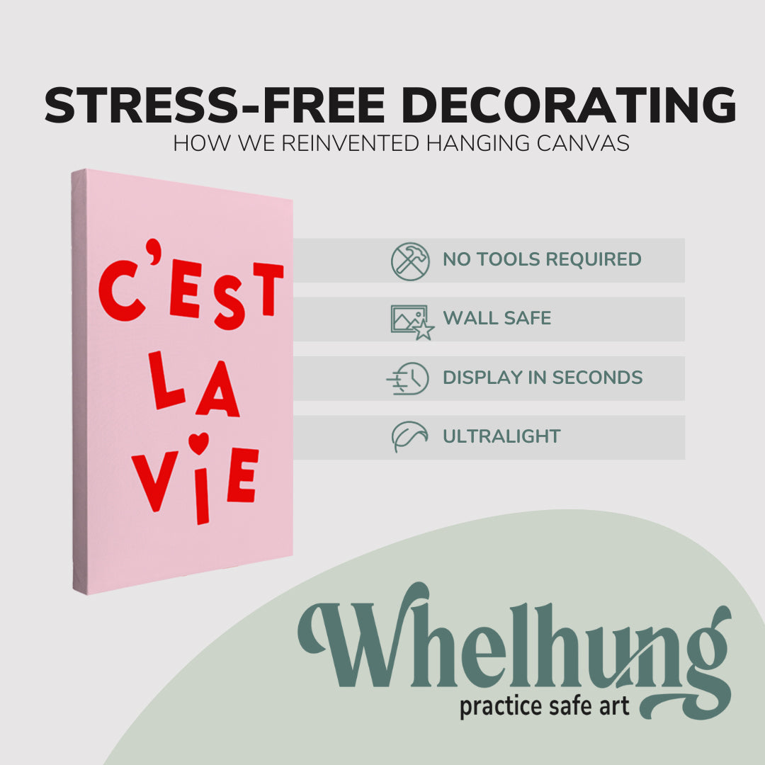Single, 2:3 vertical easy to hang canvas print on a graphic displaying the stress-free decorating Whelhung offers, how we reinvented hanging canvas: "no tools required", "wall safe", "display in seconds" and "ultralight."