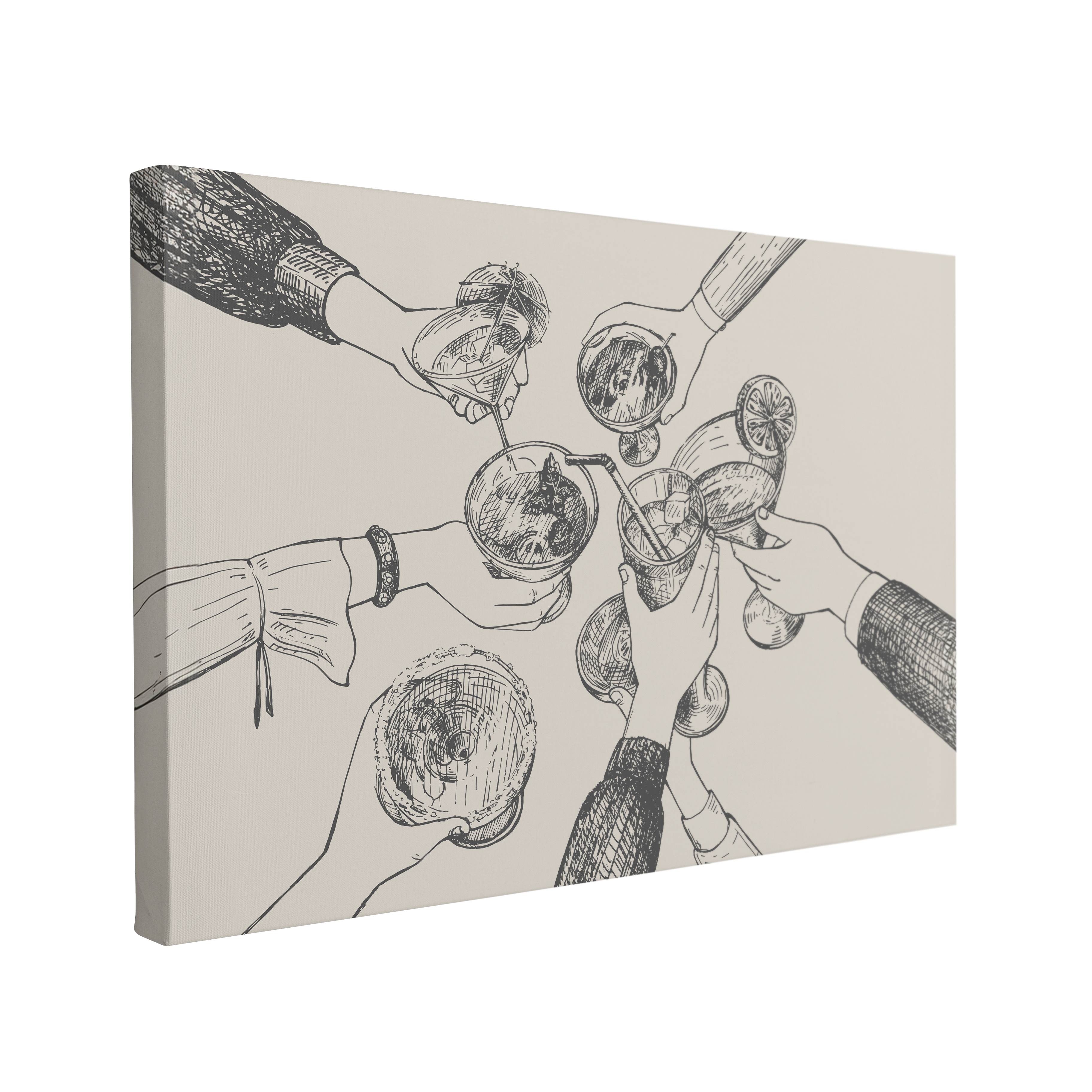 single, 2:3 horizontal easy to hang canvas print on a transparent background featuring an image of multiple outstretched hands with alchoholic cocktails going in for a "cheers", sketched in black and grey on a beige background