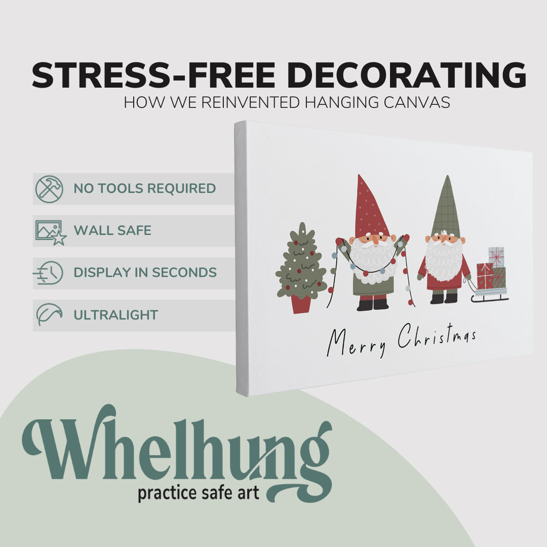 single, 2:3 horizontal easy to hang canvas print on a graphic displaying the stress-free decorating Whelhung offers, how we reinvented hanging canvas: "no tools required", "wall safe"", "display in seconds" and "ultralight."