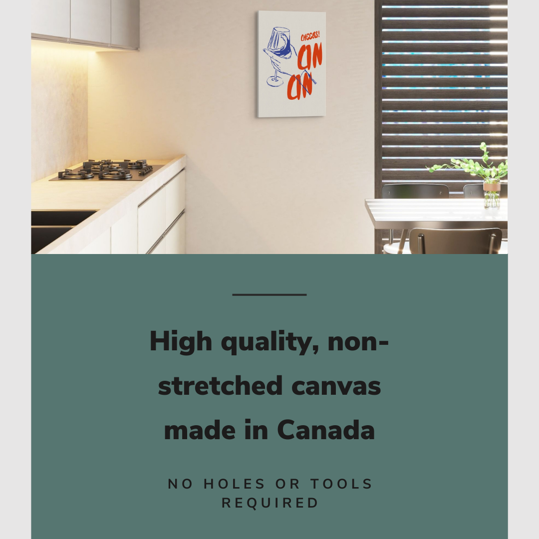Lifestyle image of the vertical 16x24" inch easy to hang canvas wall art hung in a kitchen next to a stove and a dining room table with graphic saying "High quality, non-stretched canvas made in Canada"