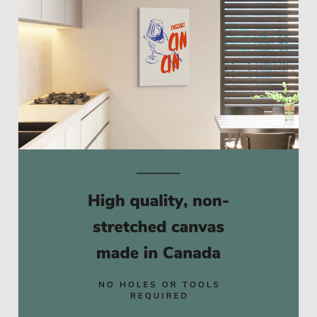Lifestyle image of the vertical 20x30" inch easy to hang canvas wall art hung in a kitchen next to a stove and a dining room table with graphic saying "High quality, non-stretched canvas made in Canada"