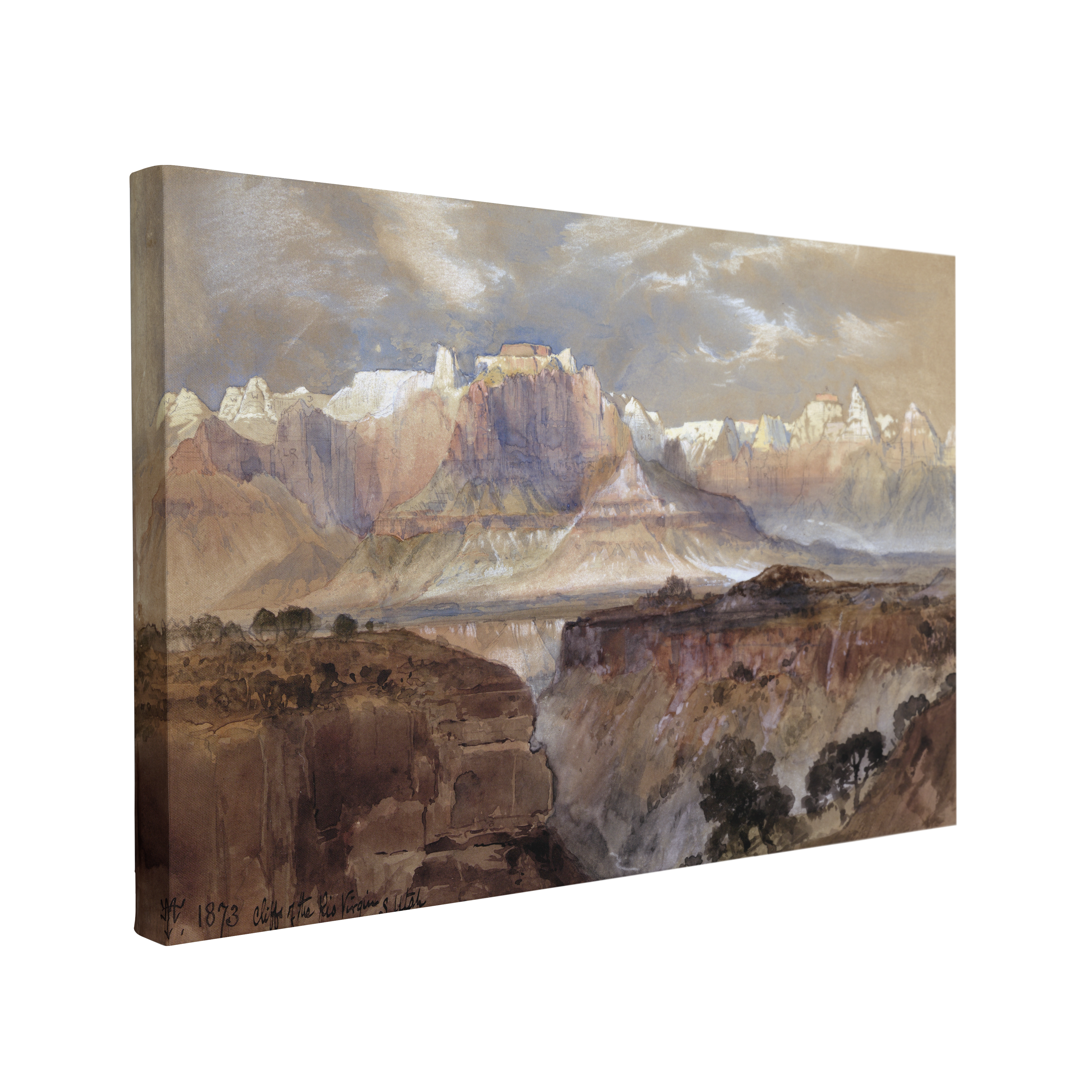 Single, 2:3 horizontal easy to hang canvas print on a transparent background featuring an image of watercolor mountains in shades of brown, blue and white.