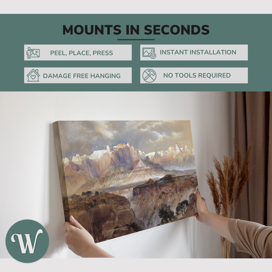 graphic showing hanging a single 2:3 horizontal 20x30” inch easy to hang canvas showing how easy it is to hang. Mounts in seconds, "peel, place, press", "instant installation", "damage free hanging" and "no tools required."