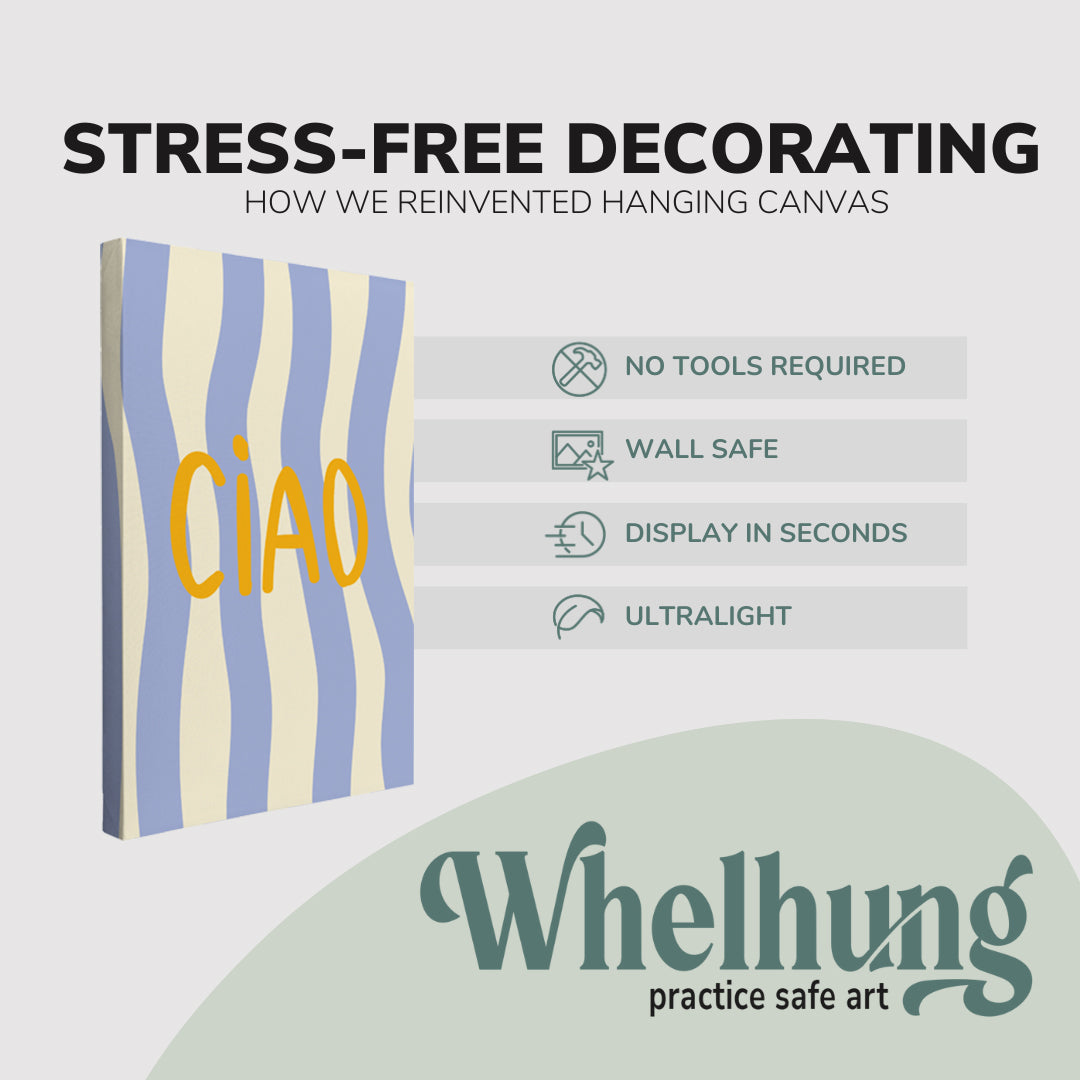 Single, 2:3 vertical easy to hang canvas prints on a graphic displaying the stress-free decorating Whelhung offers, how we reinvented hanging canvas: "no tools required", "wall safe", "display in seconds" and "ultralight."