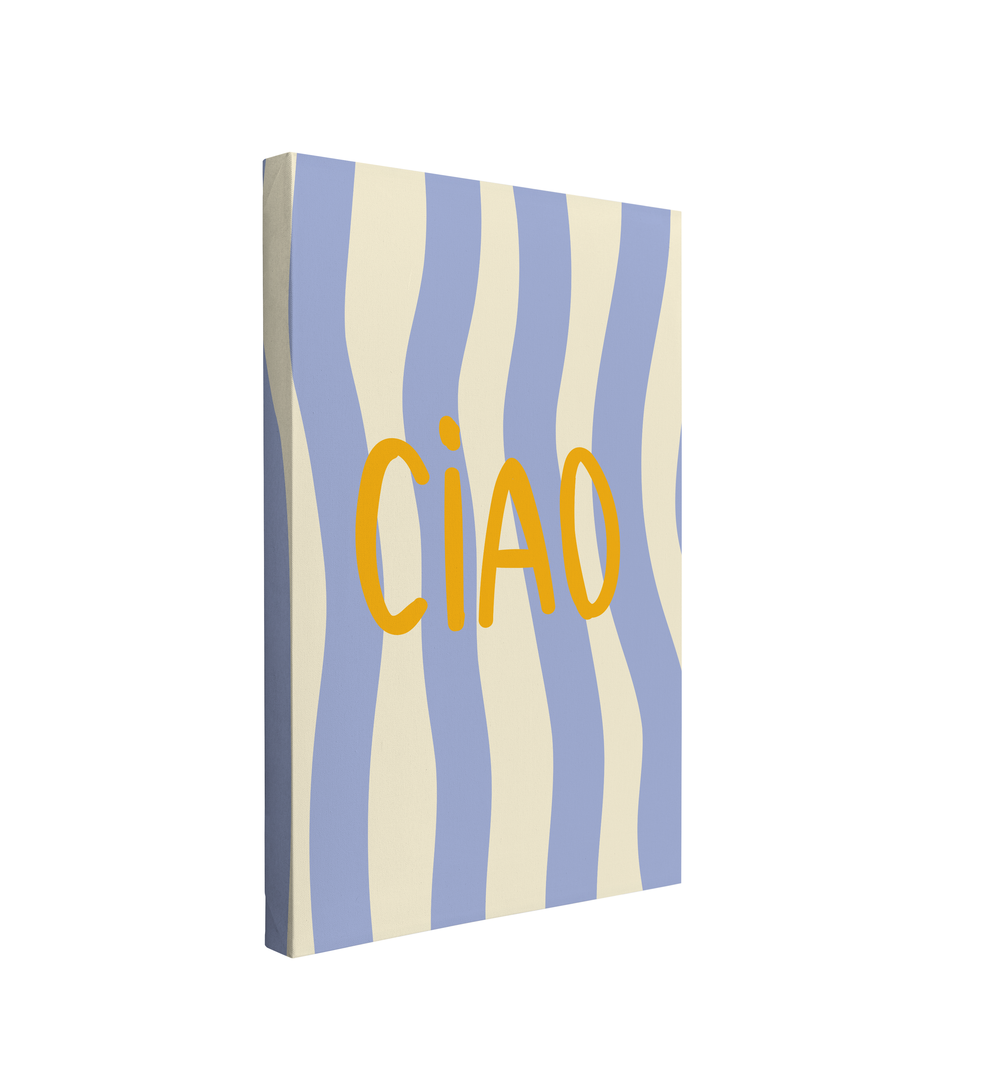 Single, 2:3 vertical easy to hang canvas prints on a transparent background featuring an image of the word "Ciao" in yellow font over a vertically wavy striped, blue and white background