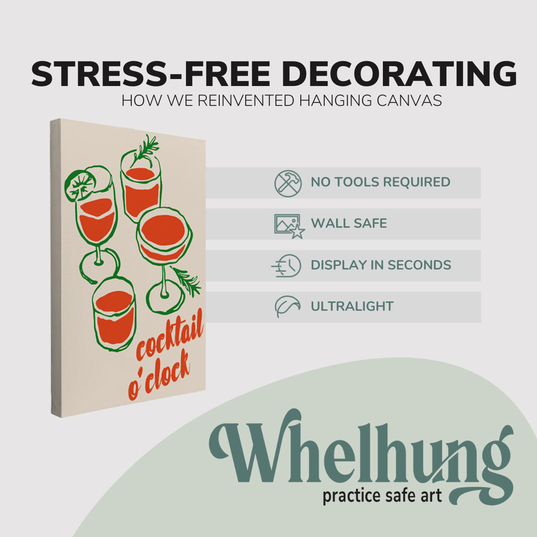 Single 2:3 ratio, vertical easy to hang canvas prints on a graphic displaying the stress-free decorating Whelhung offers, how we reinvented hanging canvas: "no tools required", "wall safe", "display in seconds" and "ultralight."