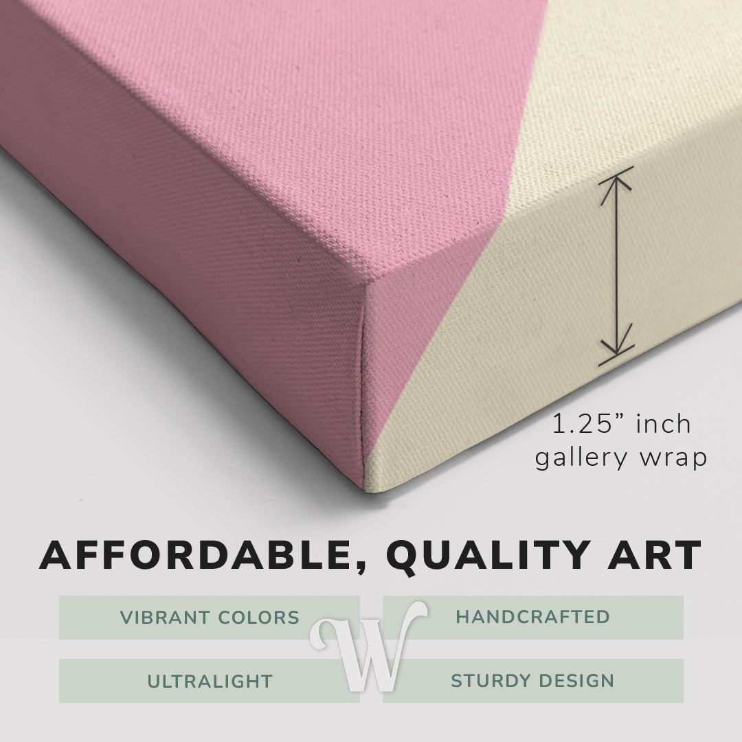 Corner shot of a Whelhung easy to hang canvas print showing the 1.25" inch gallery wrap thickness and graphic saying "Affordable, Quality Art", "Vibrant Colors", "Handcrafted", "Ultralight" and "Sturdy Design."