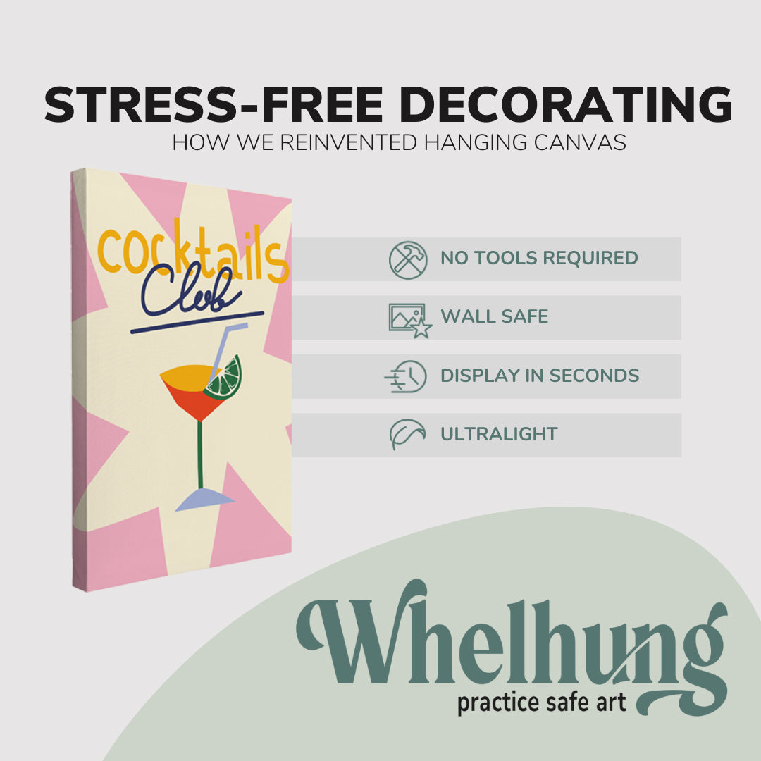 Single, 2:3 vertical easy to hang canvas prints on a graphic displaying the stress-free decorating Whelhung offers, how we reinvented hanging canvas: "no tools required", "wall safe", "display in seconds" and "ultralight."