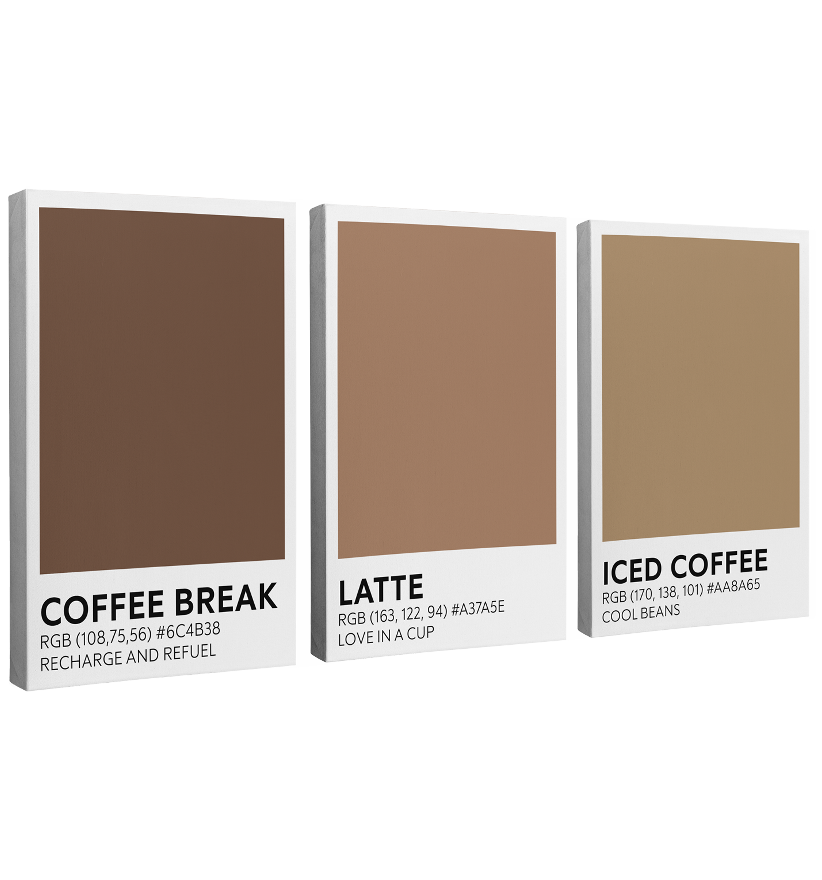 3 Panel, 2:3 vertical easy to hang canvas print on a transparent background featuring an image of three brown color swatches labeled "Coffee Break," "Latte" and "Iced Coffee" with the RBG codes and a cute short saying