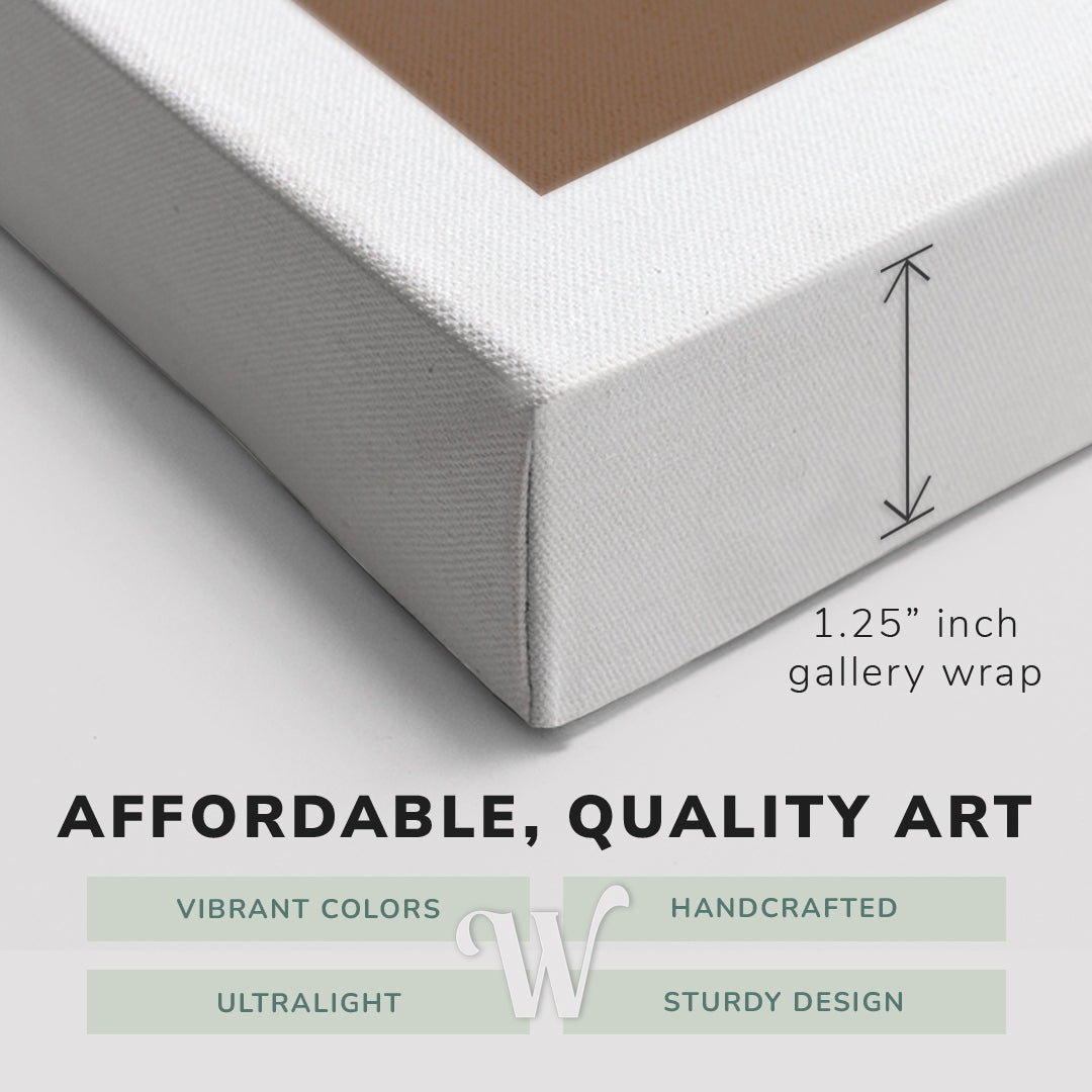 Corner shot of a Whelhung easy to hang canvas print showing the 1.25" inch gallery wrap thickness and graphic saying "Affordable, Quality Art", "Vibrant Colors", "Handcrafted", "Ultralight" and "Sturdy Design."