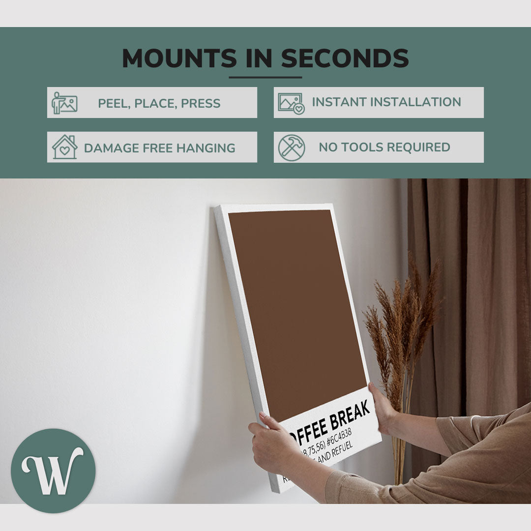 graphic showing hanging one of a 3 Panel 2:3 vertical 30x60 inch easy to hang canvas showing how easy it is to hang. Mounts in seconds, "peel, place, press", "instant installation", "damage free hanging" and "no tools required."