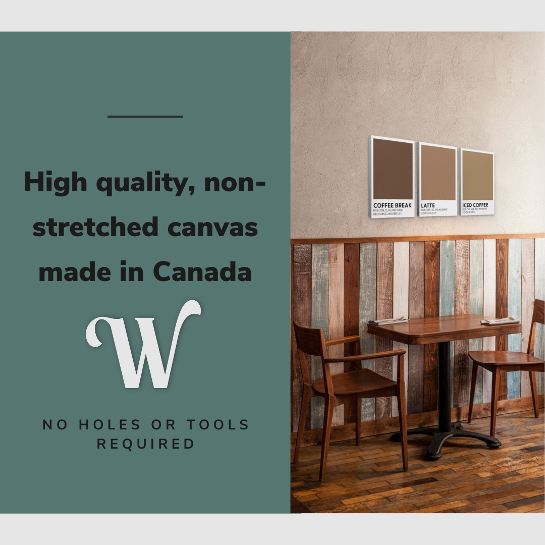 Lifestyle image of the vertical, 18x36 inch easy to hang canvas wall art hung in a kitchen over a small dining room table with graphic saying "High quality, non-stretched canvas made in Canada"
