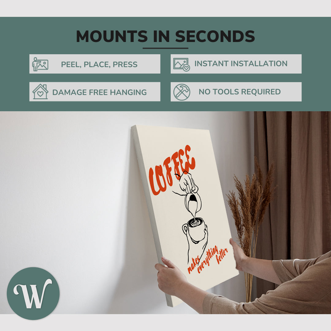 graphic showing hanging a single 2x3 ratio vertical easy to hang canvas showing how easy it is to hang. Mounts in seconds, "peel, place, press", "instant installation", "damage free hanging" and "no tools required."