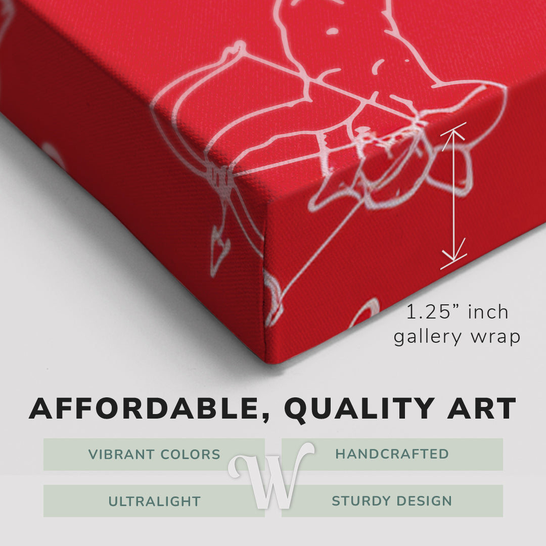 Corner shot of a Whelhung easy to hang canvas print showing the 1.25" inch gallery wrap thickness and graphic saying "Affordable, Quality Art", "Vibrant Colors", "Handcrafted", "Ultralight" and "Sturdy Design."