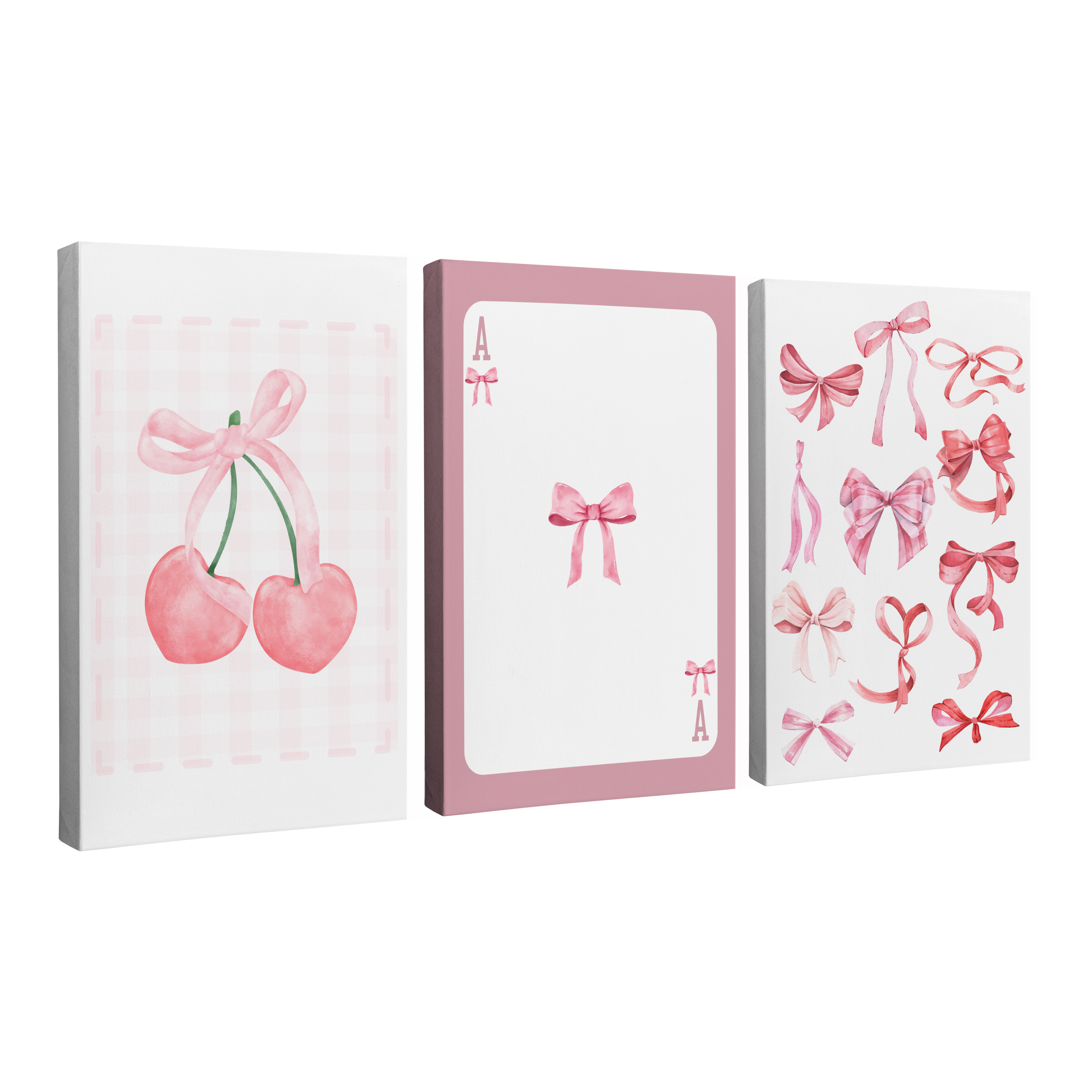 Set of 3, 2:3 vertical easy to hang canvas prints on a transparent background featuring images of a watercolor painting of two cherries tied together by a pink ribbon, an Ace card that has a ribbon for the Ace on a pink background, and a collection of hand painted ribbons in different styles of bows