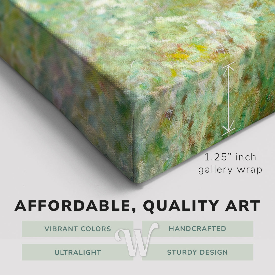 Corner shot of a Whelhung easy to hang canvas print showing the 1.25” inch gallery wrap thickness and graphic saying "Affordable, Quality Art", "Vibrant Colors", "Handcrafted", "Ultralight" and "Sturdy Design."