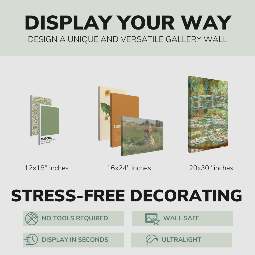 Set of 6”, 2:3 easy to hang canvas prints on a graphic displaying the sizes (12x18”, 16x24” or 20x30”) of the four canvases offered in this pack. Also includes bullets on the stress-free decorating Whelhung offers, "no tools required", "wall safe", "display in seconds" and "ultralight."
