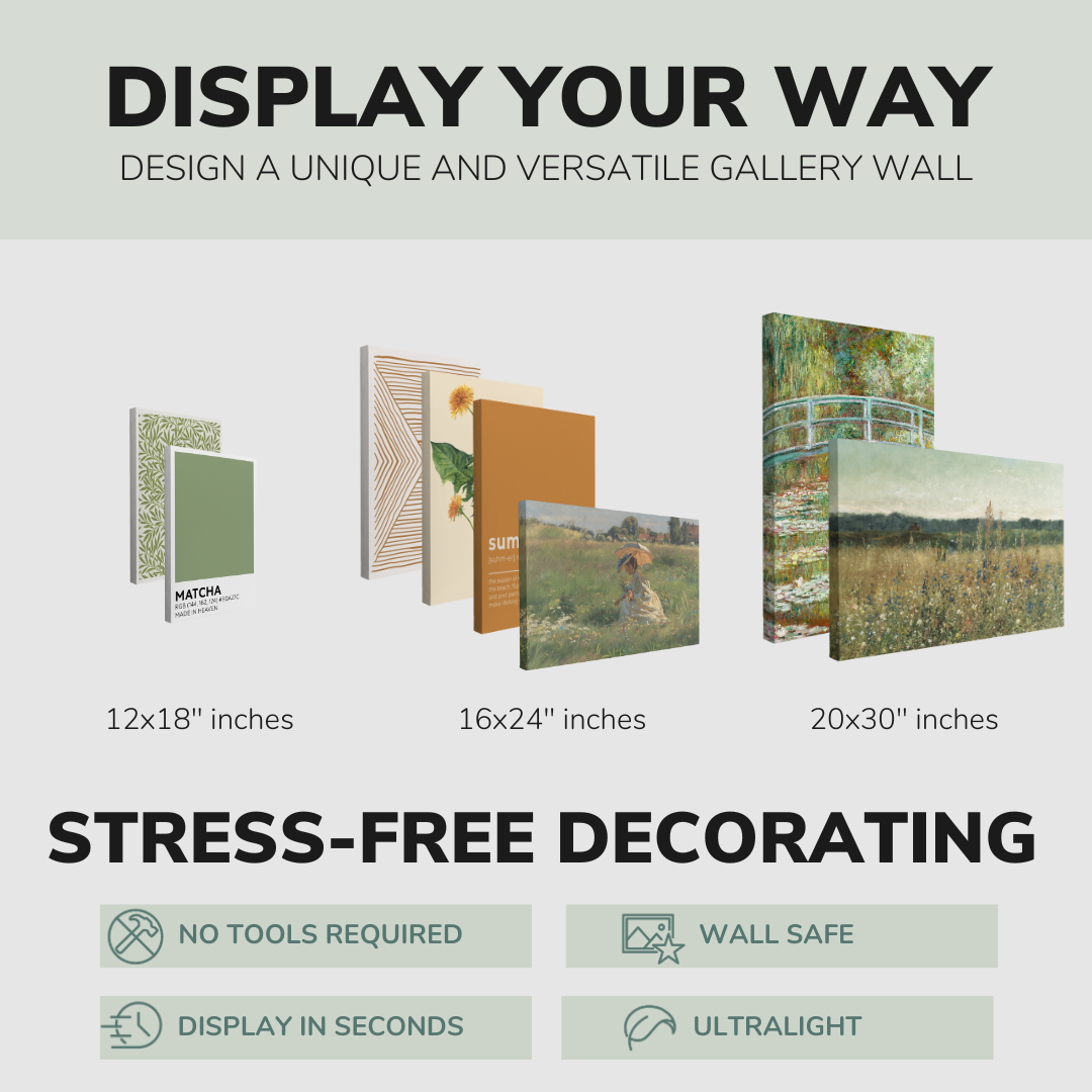 Set of 8”, 2:3 easy to hang canvas prints on a graphic displaying the sizes (12x18”, 16x24” or 20x30”) of the four canvases offered in this pack. Also includes bullets on the stress-free decorating Whelhung offers, "no tools required", "wall safe", "display in seconds" and "ultralight."