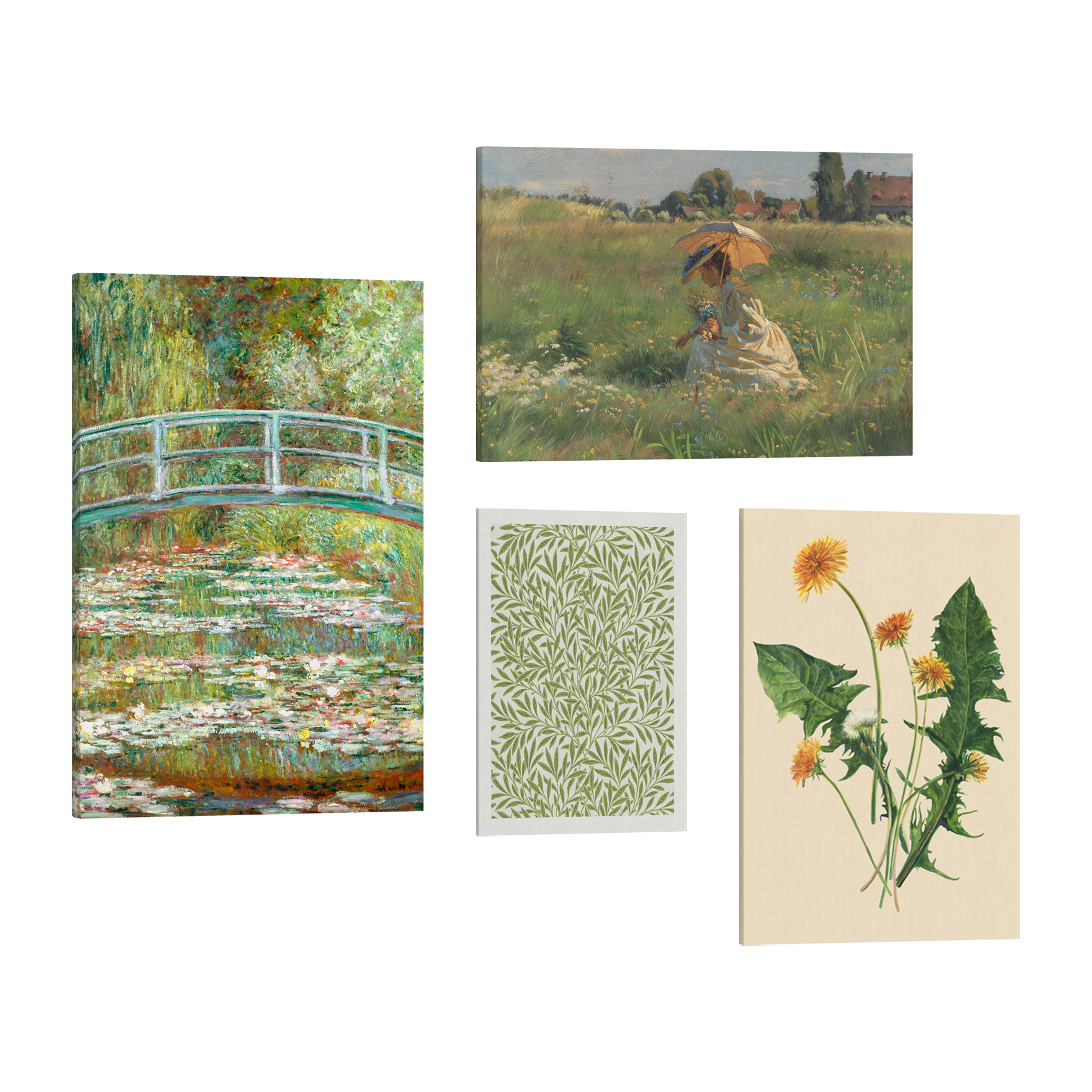 Set of 4, 2:3 easy to hang canvas prints of various sizes, 12x18”, 16x24” or 20x30” inches, on a transparent background featuring images of famous classic painting "Bridge over a Pond of Water Lillies" by Monet, a Victorian woman picking flowers under a parasol in a green meadow, a green and white print of vines and a minimalist painting of yellow and green dandelions.