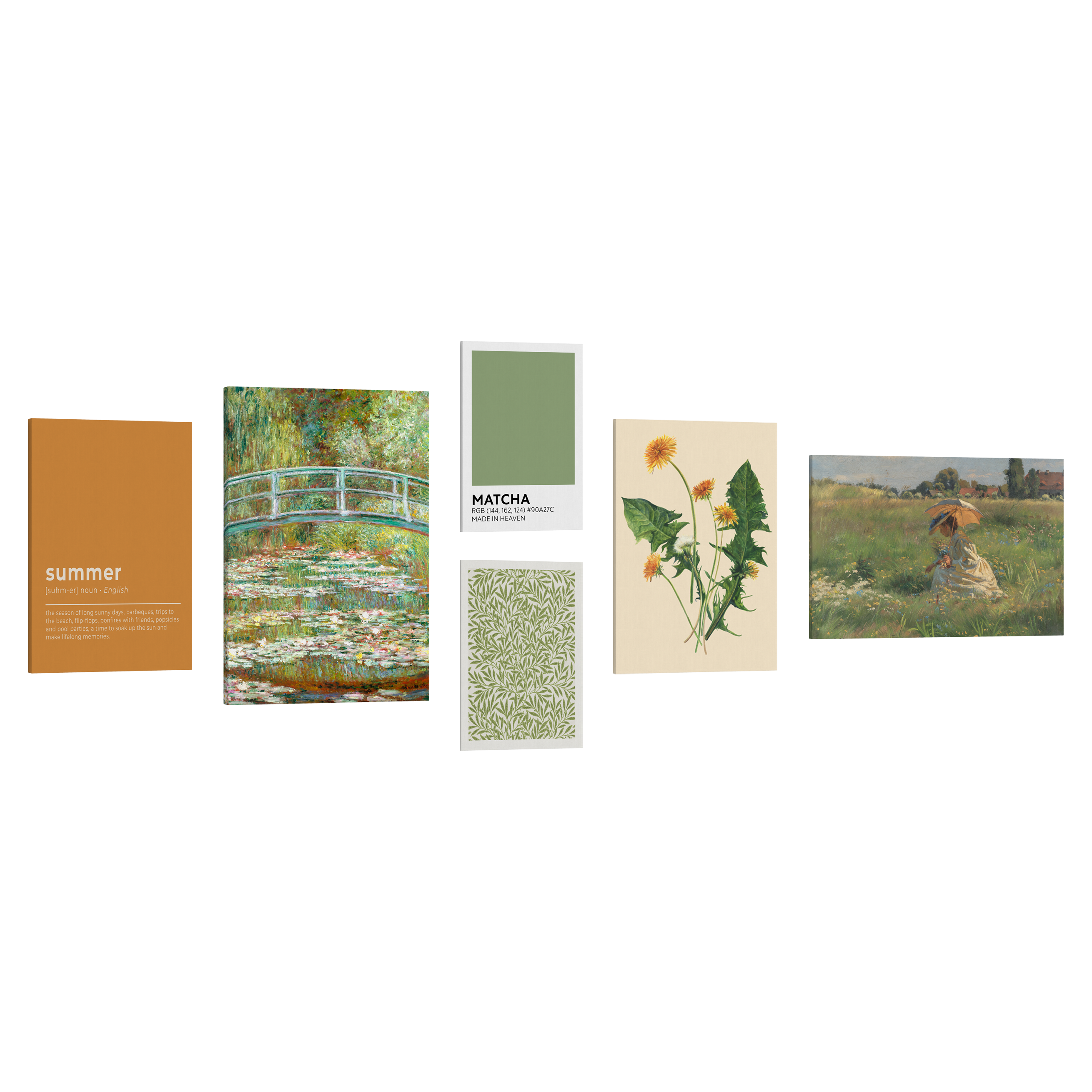 Set of 6, 2:3 easy to hang canvas prints of various sizes, 12x18”, 16x24” or 20x30” inches, on a transparent background featuring images of famous classic painting "Bridge over a Pond of Water Lillies" by Monet, a Victorian woman picking flowers under a parasol in a green meadow, a green and white print of vines, a minimalist painting of yellow and green dandelions, the definition of "Summer" on a orange background and a green color swatch labeled "Matcha."
