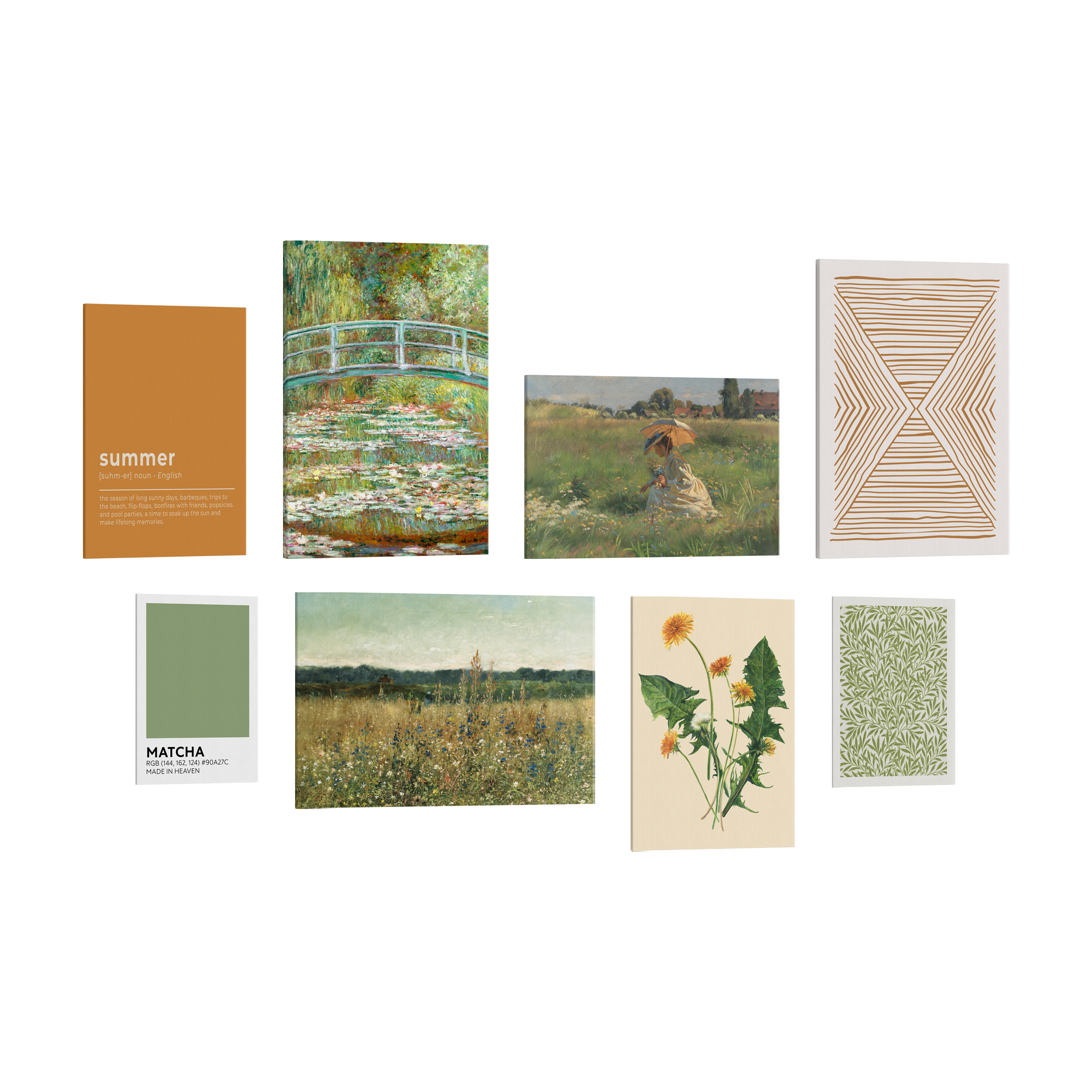 Set of 8, 2:3 easy to hang canvas prints of various sizes, 12x18”, 16x24” or 20x30” inches, on a transparent background featuring images of famous classic painting "Bridge over a Pond of Water Lillies" by Monet, a Victorian woman picking flowers under a parasol in a green meadow, a green and white print of vines, a minimalist painting of yellow and green dandelions, the definition of "Summer" on a orange background, a green color swatch labeled "Matcha", famous painting "Champ Fleuri" by Antoine Chintreuii