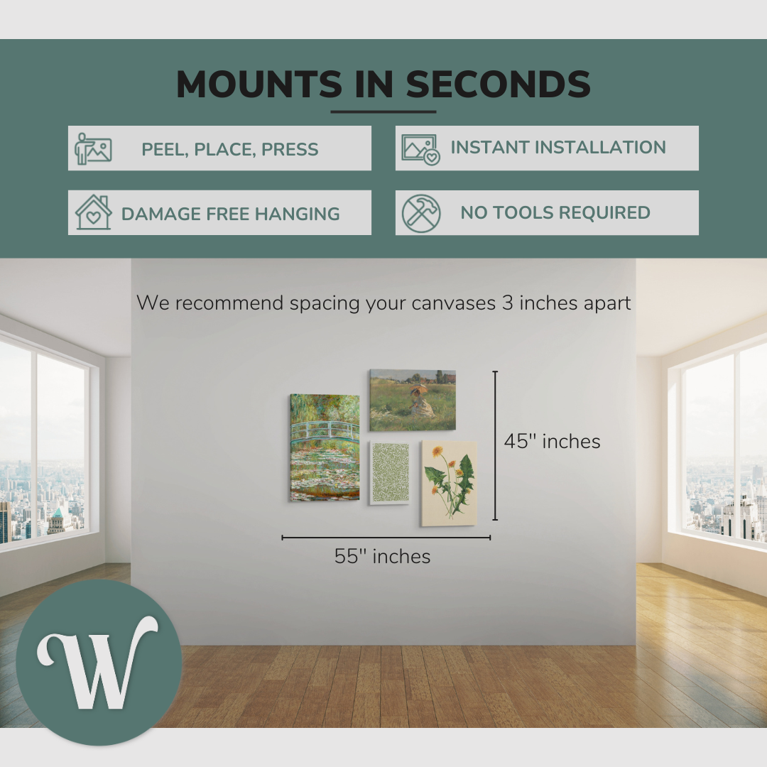 graphic showing a lifestyle of the 4 pack canvases on a blank white wall with the overall size of the gallery wall, “XXxYY” inches. Says: “Mounts in seconds”, and the bullets: "peel, place, press", "instant installation", "damage free hanging" and "no tools required."