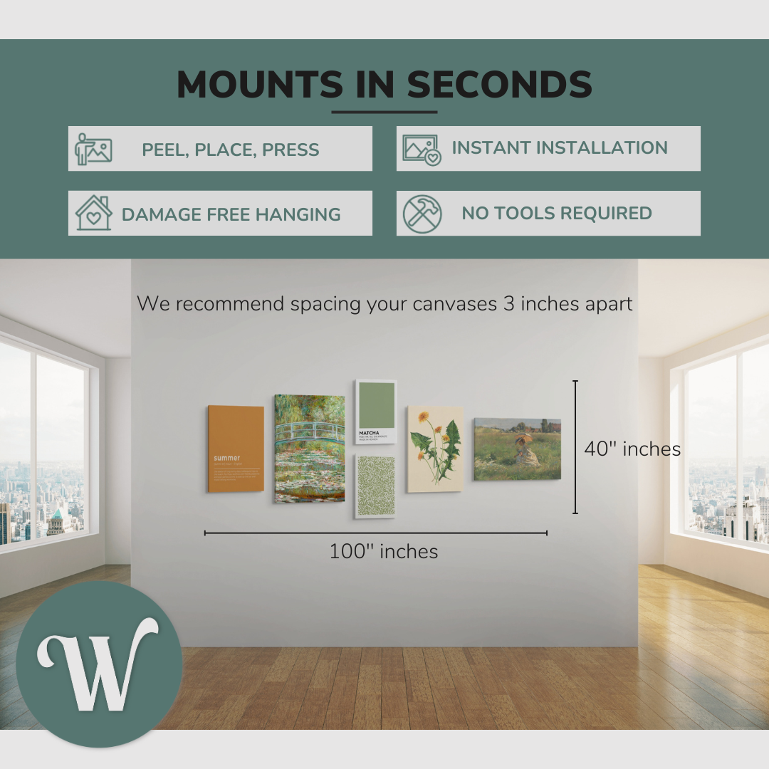 graphic showing a lifestyle of the 6 pack canvases on a blank white wall with the overall size of the gallery wall, 100x40” inches. Says: “Mounts in seconds”, and the bullets: "peel, place, press", "instant installation", "damage free hanging" and "no tools required."