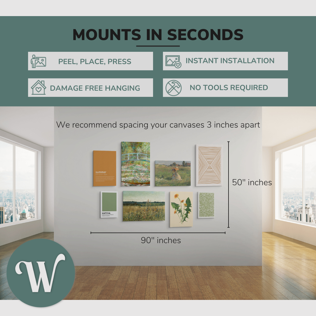 graphic showing a lifestyle of the 8 pack canvases on a blank white wall with the overall size of the gallery wall, 90x50” inches. Says: “Mounts in seconds”, and the bullets: "peel, place, press", "instant installation", "damage free hanging" and "no tools required."