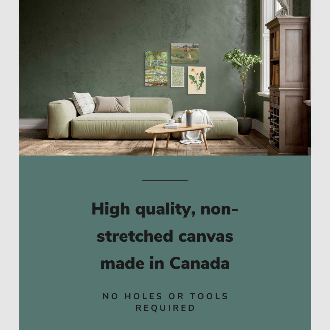 Lifestyle image of the 4 pack gallery wall with easy to hang canvas wall art hung in a rustic living room over a couch with graphic saying "High quality, non-stretched canvas made in Canada"
