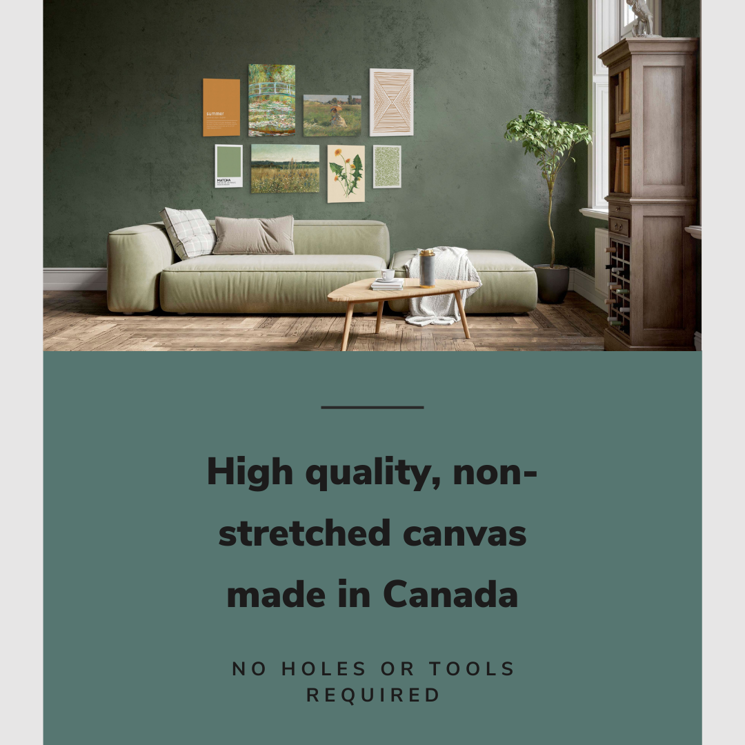 Lifestyle image of the 8 pack gallery wall with easy to hang canvas wall art hung in a rustic living room over a couch with graphic saying "High quality, non-stretched canvas made in Canada"