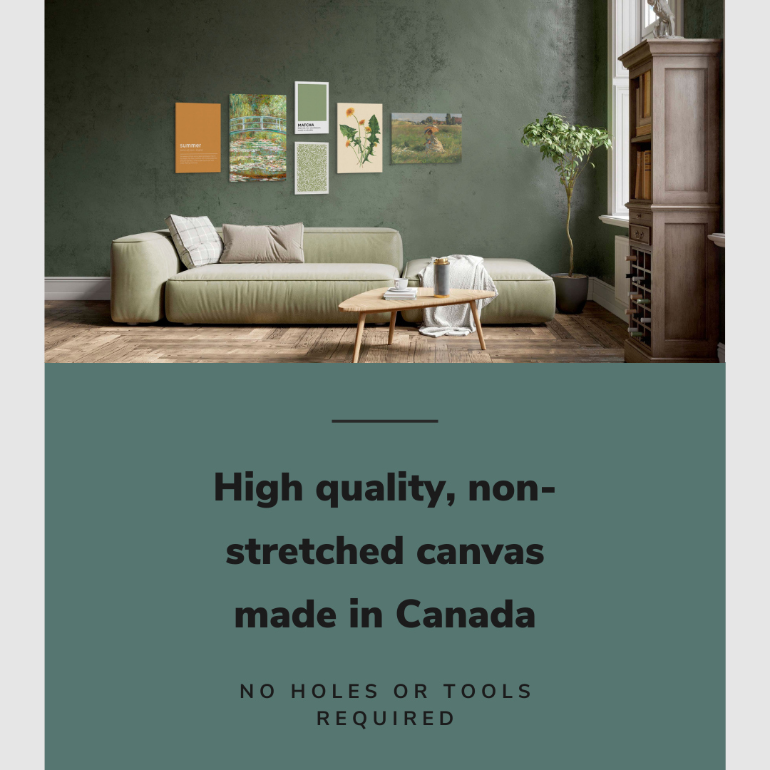 Lifestyle image of the 6 pack gallery wall with easy to hang canvas wall art hung in a rustic living room over a couch with graphic saying "High quality, non-stretched canvas made in Canada"
