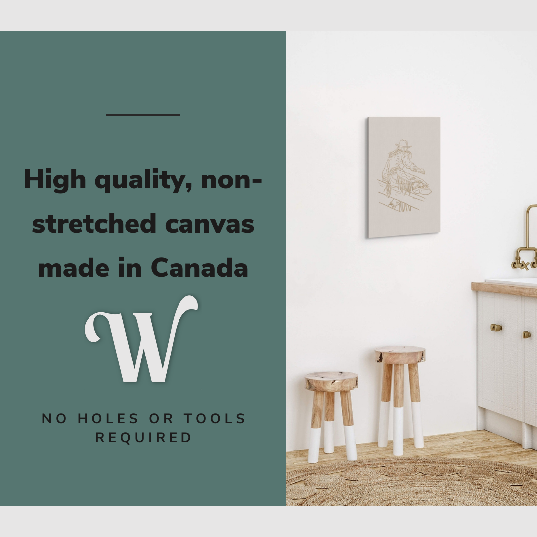 Lifestyle image of the vertical, 20x30” inch easy to hang canvas wall art hung in a modern farmhouse kitchen the sink beside with graphic saying "High quality, non-stretched canvas made in Canada"