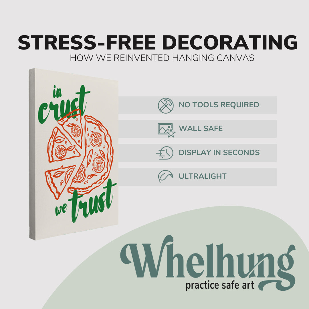 Single 2:3 ratio, vertical easy to hang canvas prints on a graphic displaying the stress-free decorating Whelhung offers, how we reinvented hanging canvas: "no tools required", "wall safe", "display in seconds" and "ultralight."