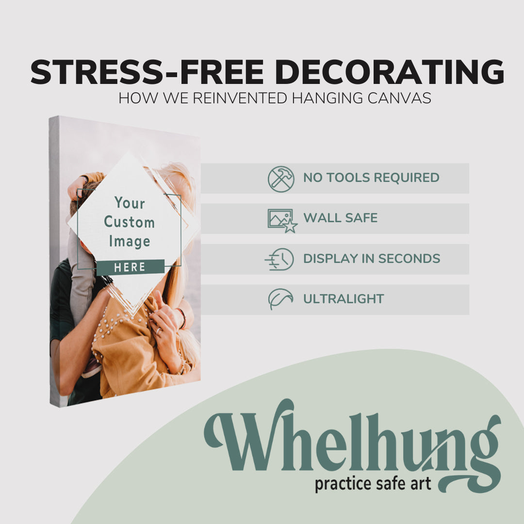 Single, 2:3 vertical easy to hang canvas print on a graphic displaying the stress-free decorating Whelhung offers, how we reinvented hanging canvas: "no tools required", "wall safe", "display in seconds" and "ultralight."elhung