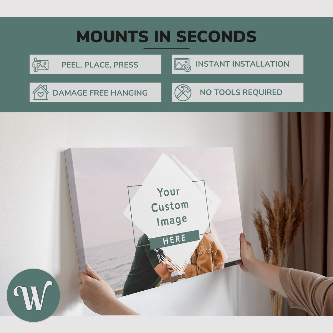 graphic showing hanging a single 2:3 horizontal 20x30” inch easy to hang canvas showing how easy it is to hang. Mounts in seconds, "peel, place, press", "instant installation", "damage free hanging" and "no tools required."ung