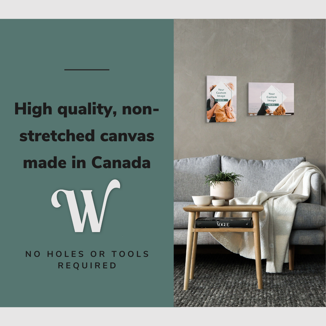 Lifestyle image of a vertical and a horizontal 12x18” inch easy to hang canvas wall art hung in a living room above a couch with graphic saying "High quality, non-stretched canvas made in Canada."hung