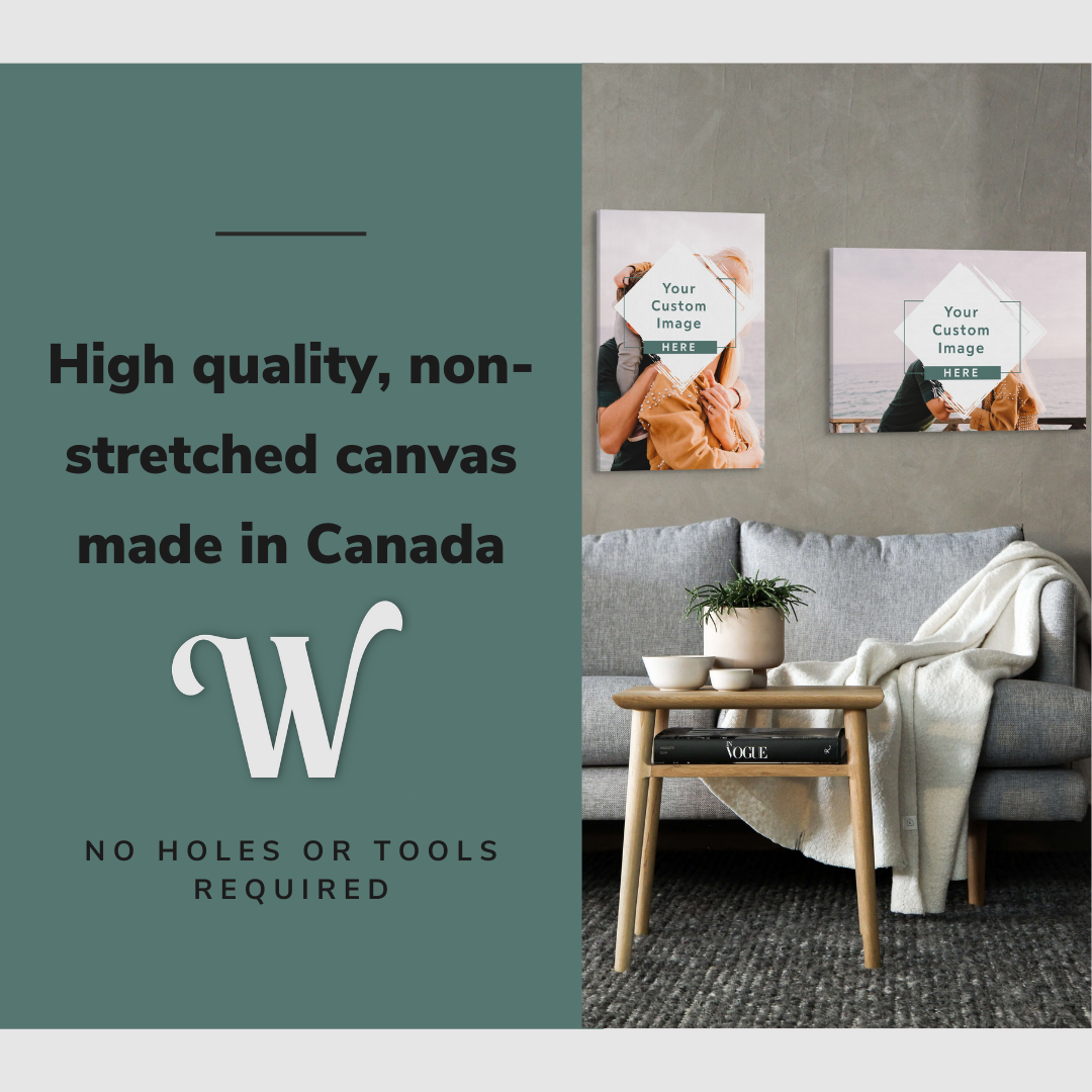Lifestyle image of a vertical and a horizontal, 20x30” inch easy to hang canvas wall art hung in a living room above a couch with graphic saying "High quality, non-stretched canvas made in Canada"
