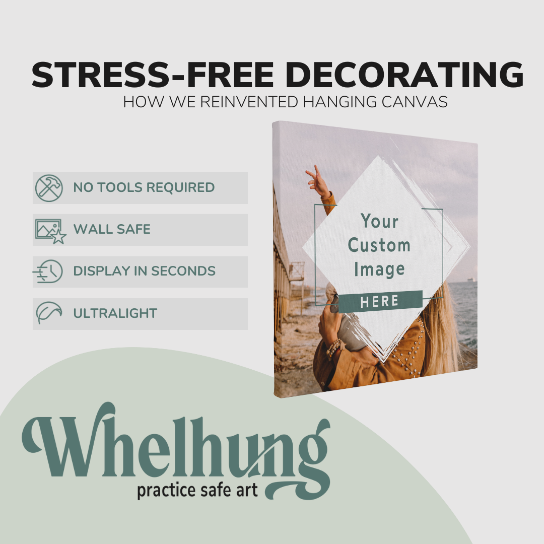 A single, square easy to hang canvas print on a graphic displaying the stress-free decorating Whelhung offers, how we reinvented hanging canvas: "no tools required", "wall safe", "display in seconds" and "ultralight."