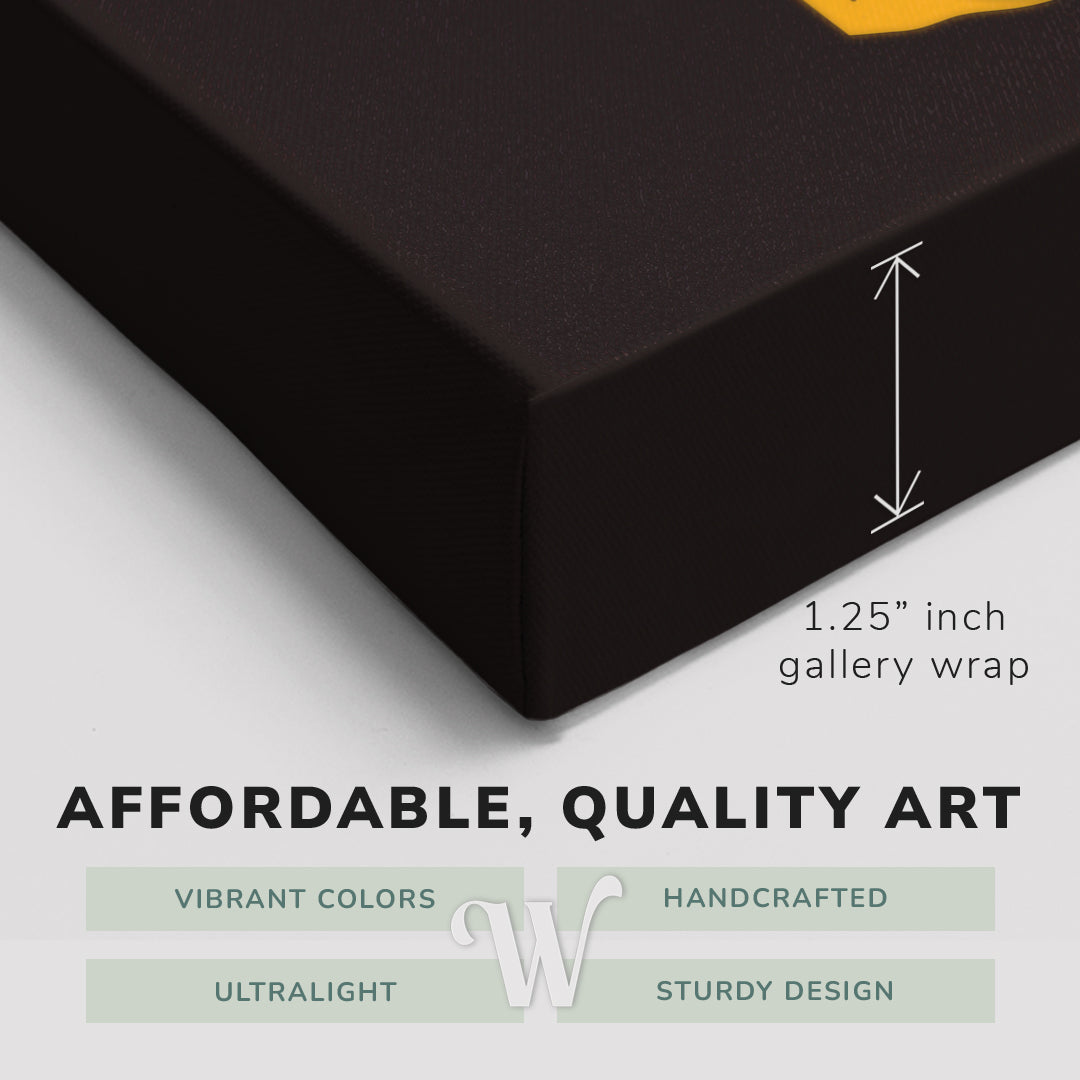 Corner shot of a Whelhung easy to hang canvas print showing the 1.25” inch gallery wrap thickness and graphic saying "Affordable, Quality Art", "Vibrant Colors", "Handcrafted", "Ultralight" and "Sturdy Design."