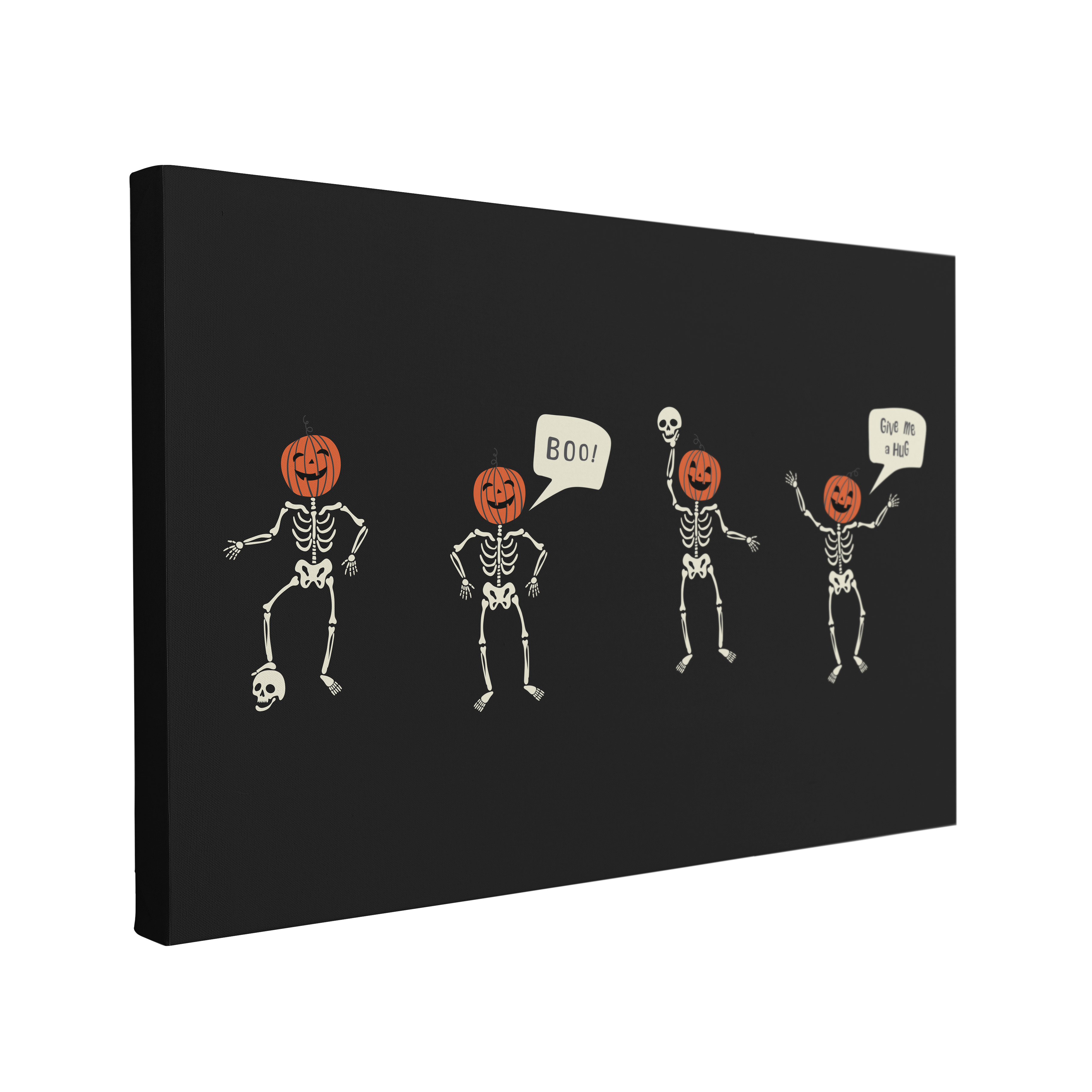 Single, 2:3 horizontal easy to hang canvas print on a transparent background featuring an image of four dancing cartoon white skeletons with orange jack-o-lantern heads with two saying "Boo!" and "Give me a hug" on a dar grey background.