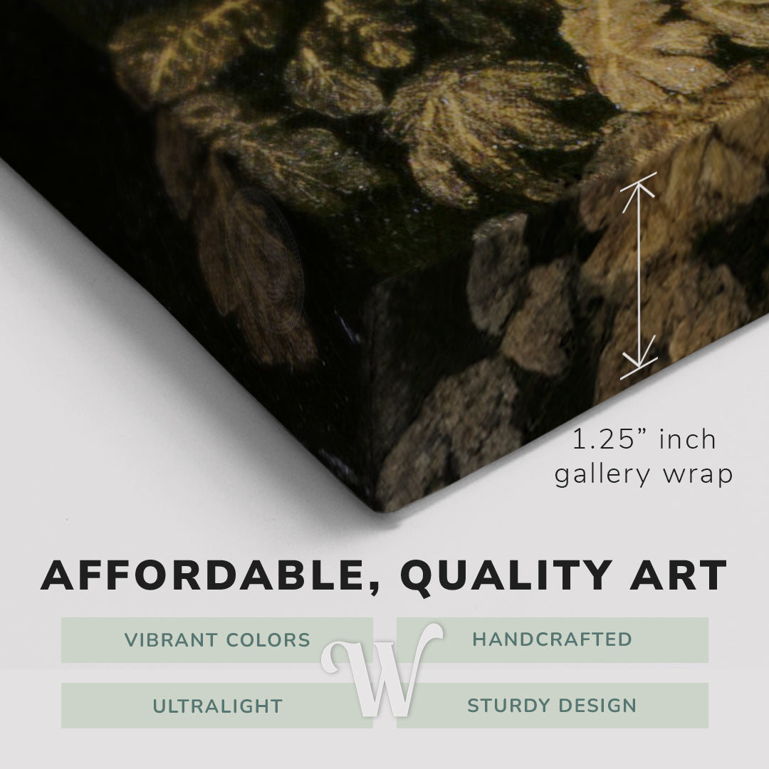 Corner shot of a Whelhung easy to hang canvas print showing the 1.25" inch gallery wrap thickness and graphic saying "Affordable, Quality Art", "Vibrant Colors", "Handcrafted", "Ultralight" and "Sturdy Design."